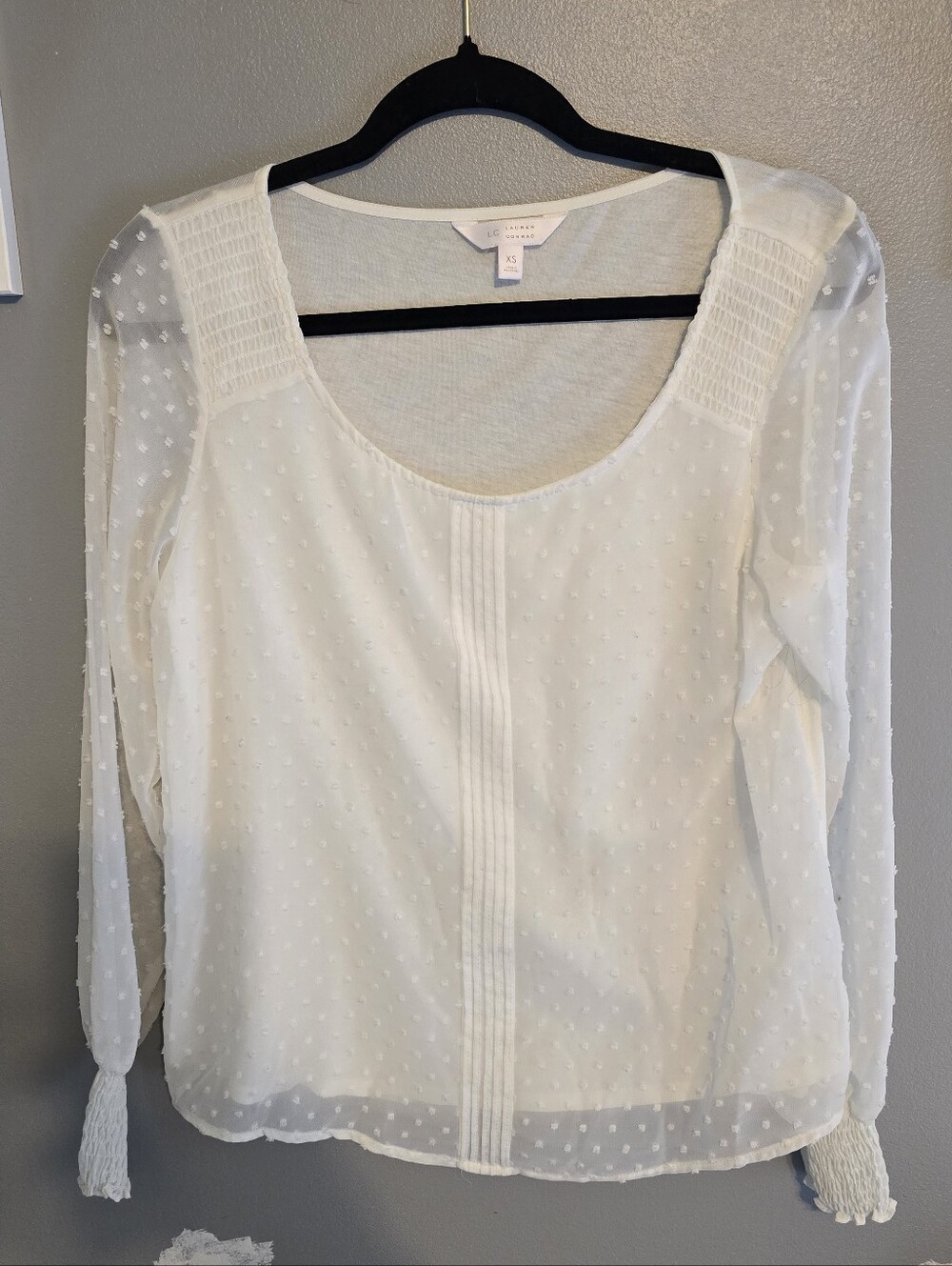 LC Lauren Conrad White Swiss Dot Scoop-Neck Long Sleeve Blouse